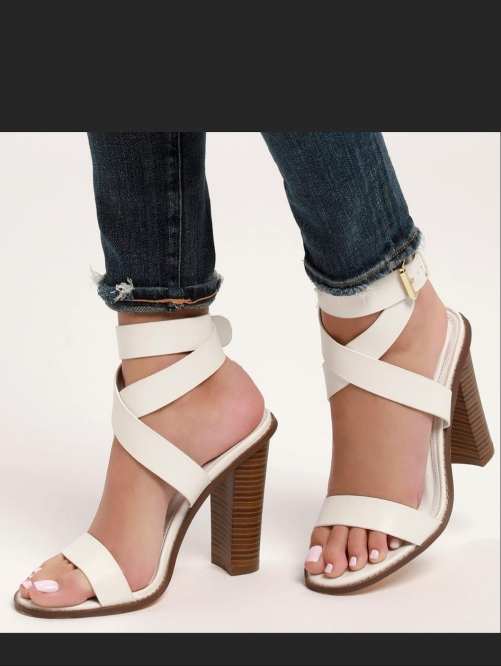 Lulus Shelbie White Wrap Criss CrossAnkle Stacked Heels Size 5.5 Like New In Box